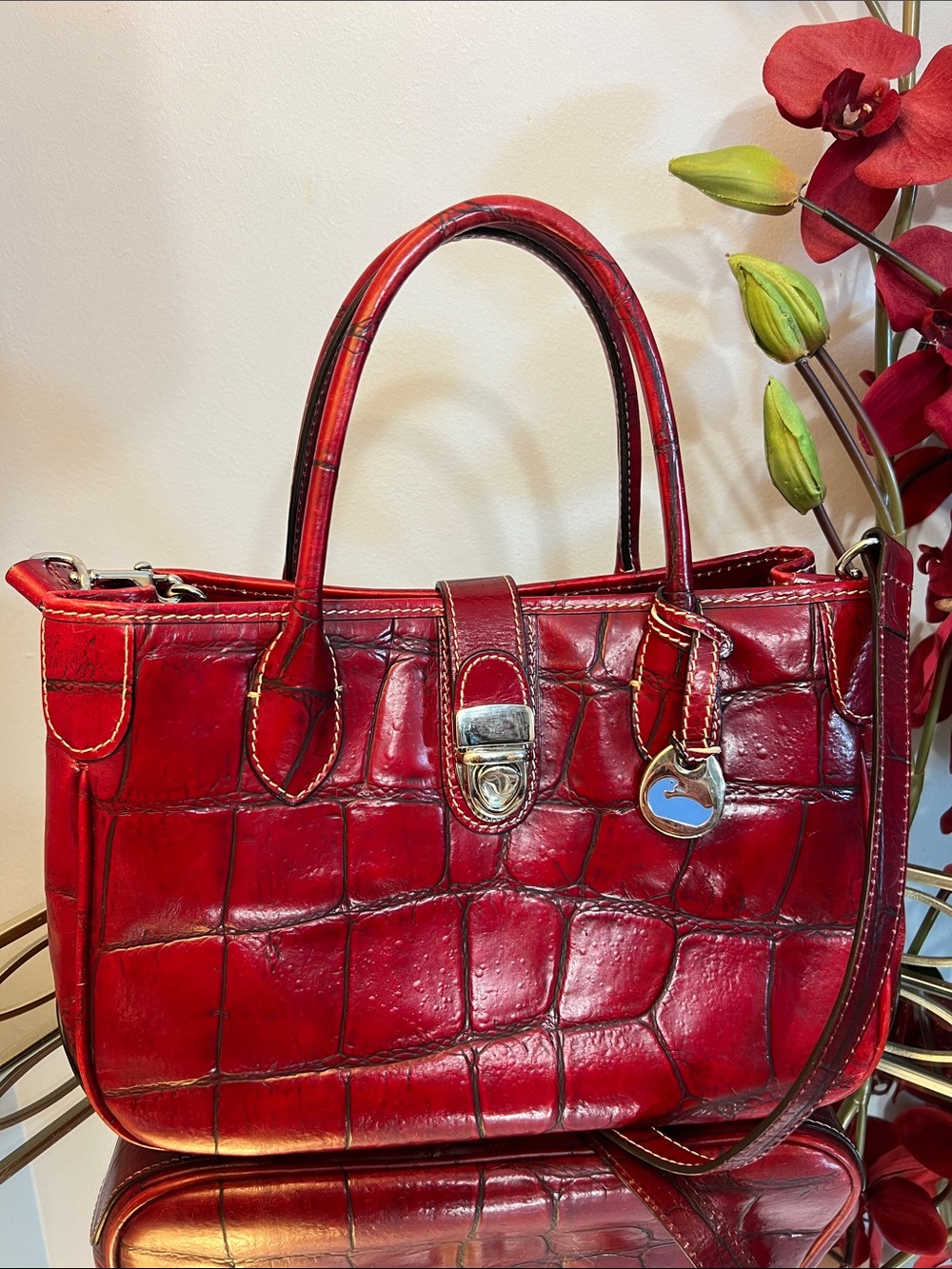 Dooney & Bourke Red Croc-Embossed Satchel with Shoulder Strap